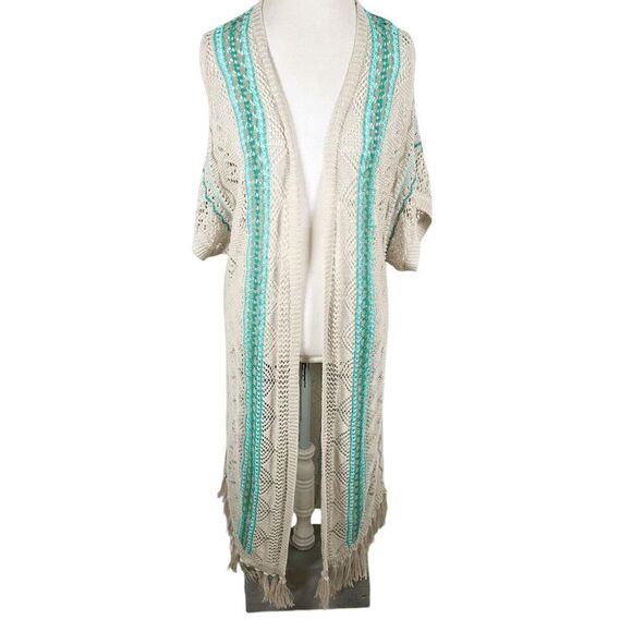 Chicos XL Open Knit Duster Cardigan Spring Summer Teal Mix Fringe Boho Size 3 - Picture 2 of 10